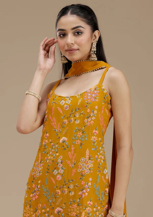 Mustard_Georgette_Floral_Threadwork_Straight_Kurta_With_Sharara_And_Dupatta