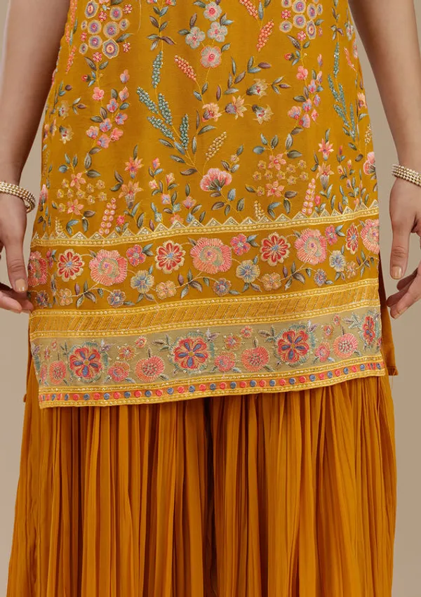 Mustard_Georgette_Floral_Threadwork_Straight_Kurta_With_Sharara_And_Dupatta