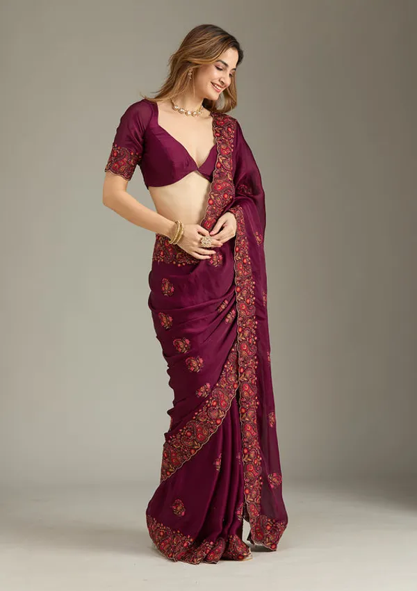 Wine_Chiffon_Kashmiri_Saree_With_Matching_Blouse_Piece