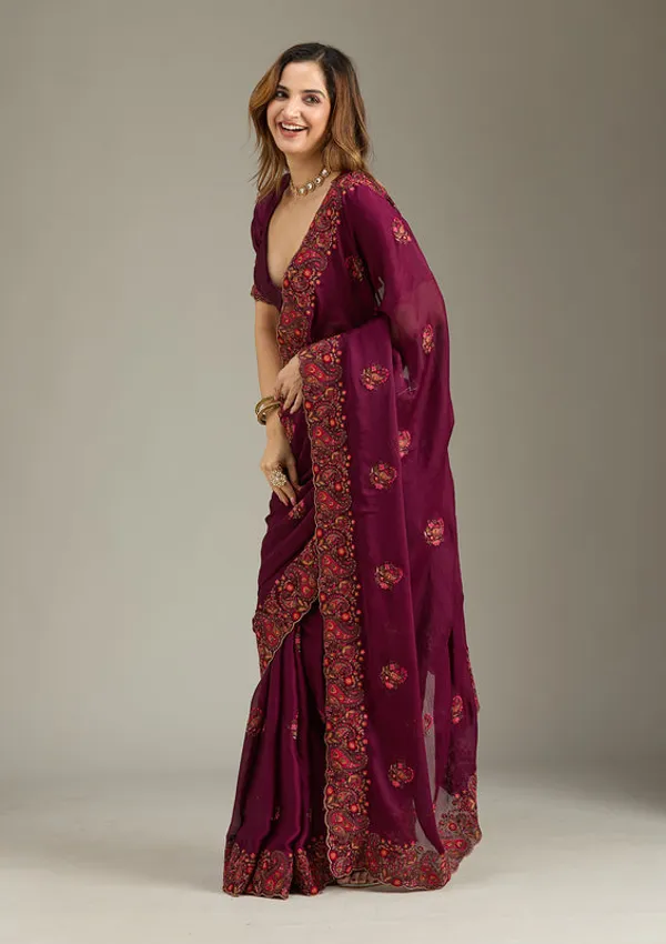 Wine_Chiffon_Kashmiri_Saree_With_Matching_Blouse_Piece