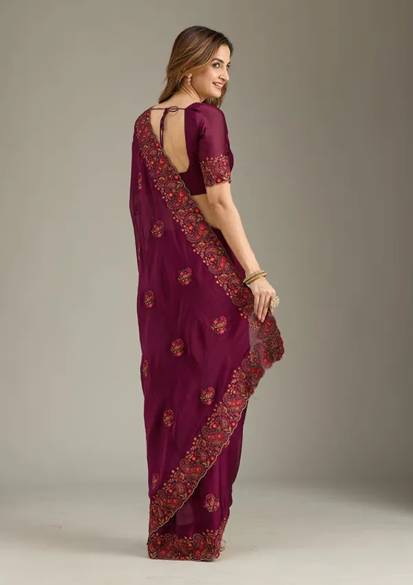 Wine_Chiffon_Kashmiri_Saree_With_Matching_Blouse_Piece