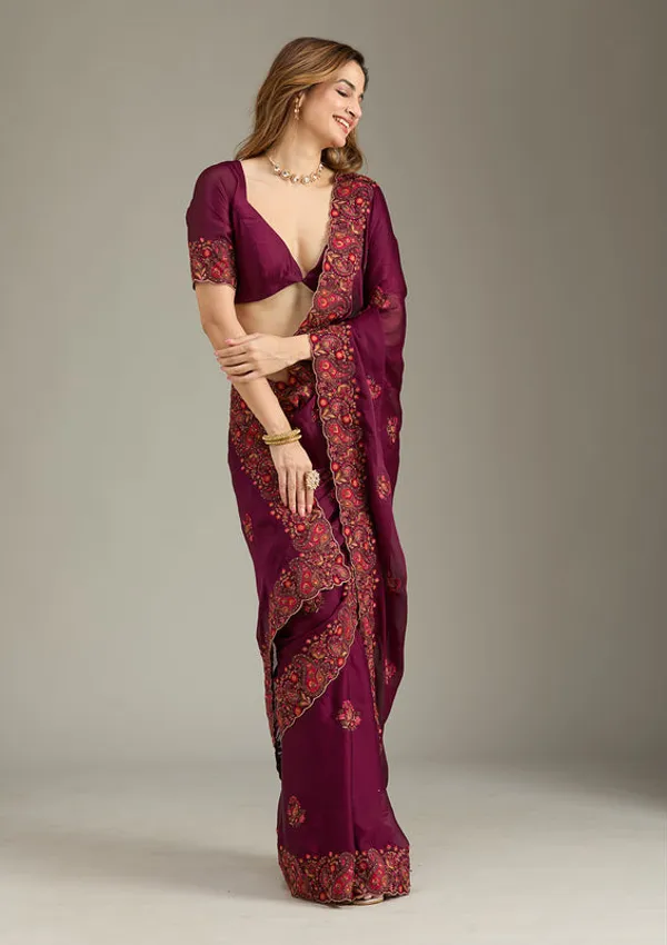 Wine_Chiffon_Kashmiri_Saree_With_Matching_Blouse_Piece