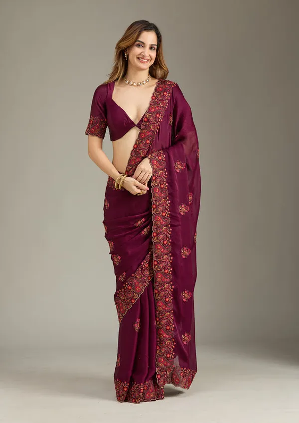 Wine_Chiffon_Kashmiri_Saree_With_Matching_Blouse_Piece