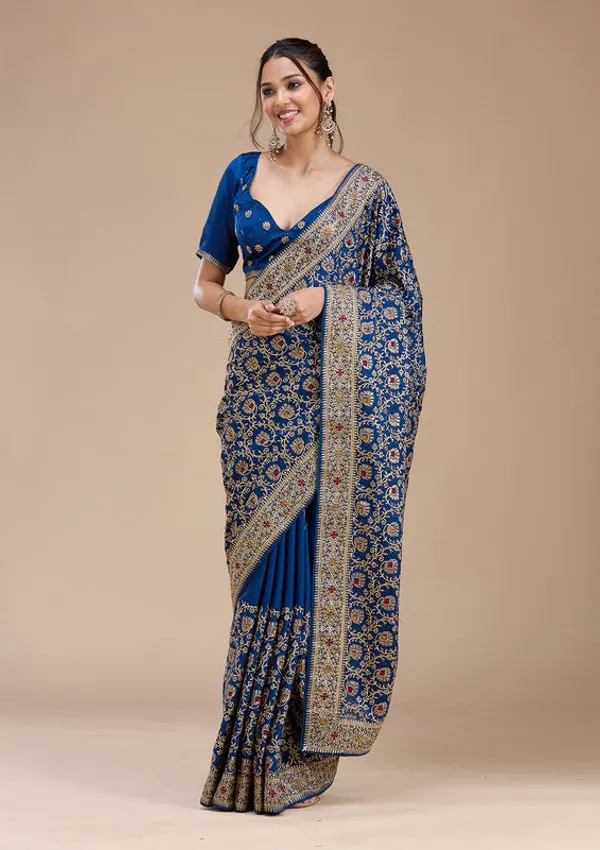 Navy_Blue_Soft_Raw_Silk_Gold_Zariwork_Saree_With_Matching_Blouse_Piece