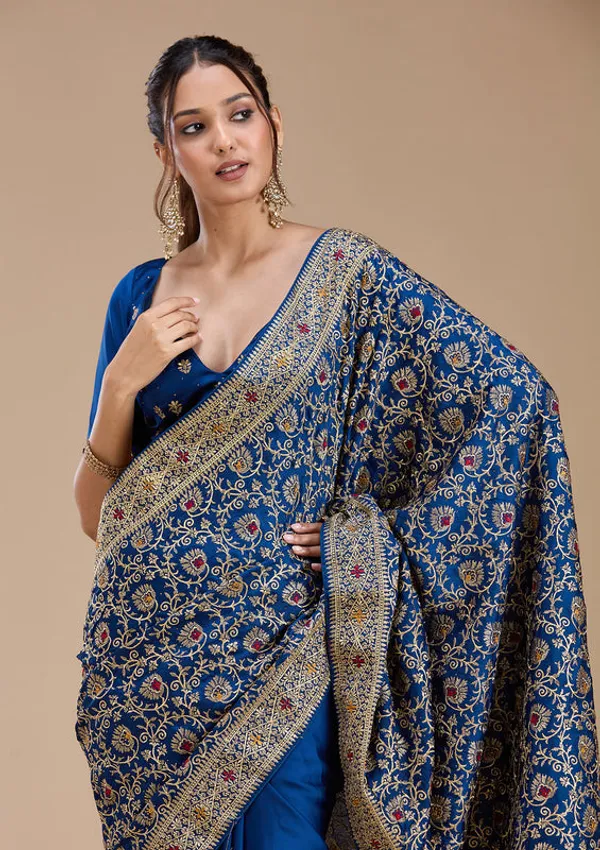 Navy_Blue_Soft_Raw_Silk_Gold_Zariwork_Saree_With_Matching_Blouse_Piece