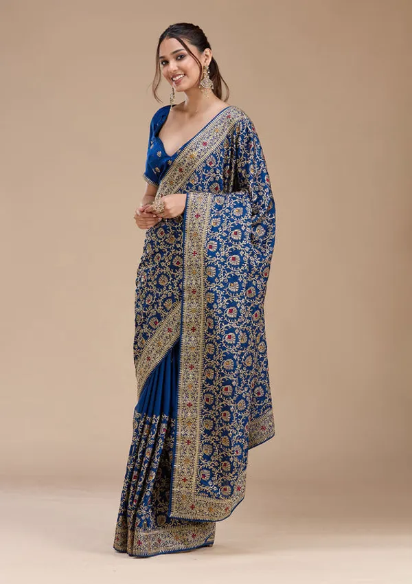 Navy_Blue_Soft_Raw_Silk_Gold_Zariwork_Saree_With_Matching_Blouse_Piece