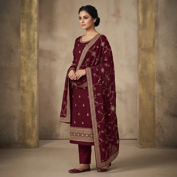 Wine_Georgette_Threadwork_Unstitched_Dress_Material_With_Matching_Bottom_And_Dupatta