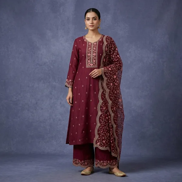 Wine_Tissue_Threadwork_Unstitched_Dress_Material_With_Matching_Bottom_And_Dupatta