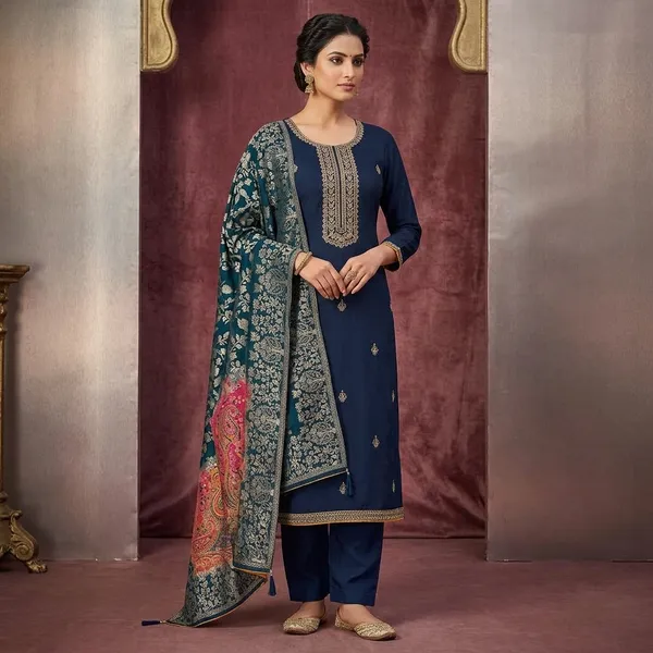 Navy_Blue_Dola_Silk_Threadwork_Unstitched_Dress_Material_With_Matching_Bottom_And_Dupatta