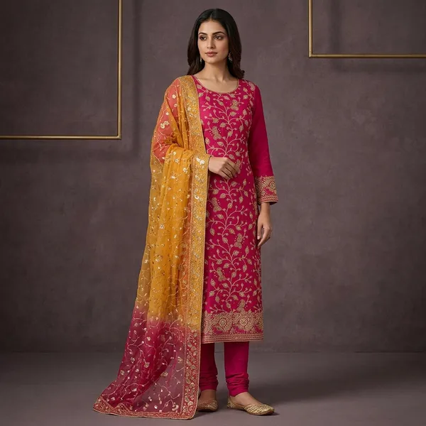 Rani_Pink_Georgette_Gold_Zardozi_Work_Unstitched_Dress_Material_With_Matching_Bottom_And_Dupatta