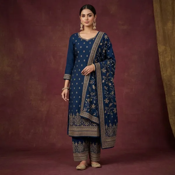 Peacock_Blue_Soft_Raw_Silk_Cording_Unstitched_Dress_Material_With_Matching_Bottom_And_Dupatta