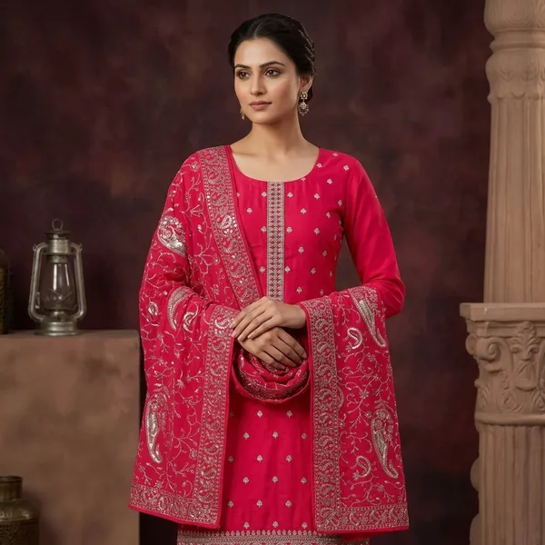 Rani_Pink_Organza_Sequins_Unstitched_Dress_Material_With_Matching_Bottom_And_Dupatta