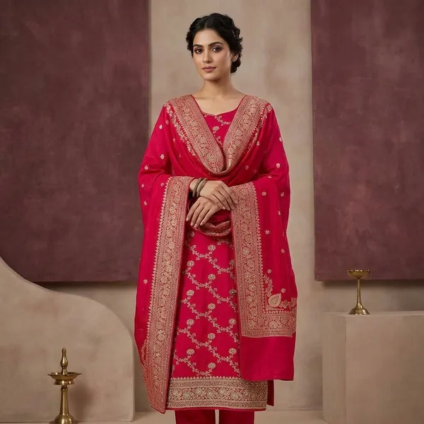 Rani_Pink_Dola_Silk_Gold_Zariwork_Unstitched_Dress_Material_With_Matching_Bottom_And_Dupatta