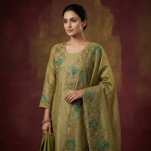 Mehandi_Green_Tissue_Gold_Stonework_Unstitched_Dress_Material_With_Matching_Bottom_And_Dupatta
