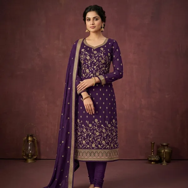 Purple_Soft_Raw_Silk_Cording_Unstitched_Dress_Material_With_Matching_Bottom_And_Dupatta