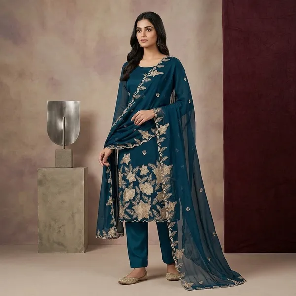 Peacock_Blue_Chinon_Threadwork_Unstitched_Dress_Material_With_Matching_Bottom_And_Dupatta