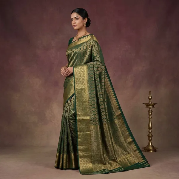 Bottle_Green_Zariwork_Gold_Pure_Silk_Saree
