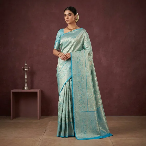 Sky_Blue_Silk_Jaal_Saree_With_Matching_Blouse_Piece