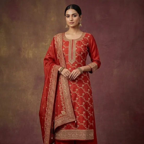 Rust_Dola_Silk_Gold_Zariwork_Unstitched_Dress_Material_With_Matching_Bottom_And_Dupatta