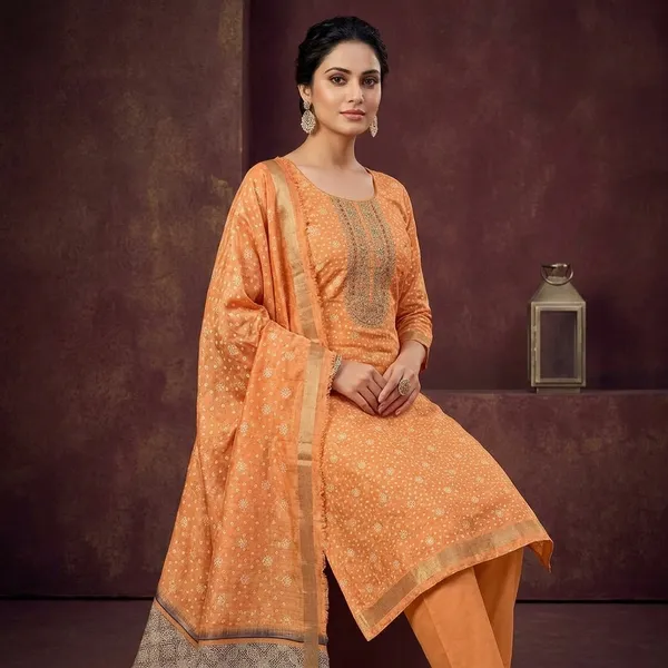 Orange_Chanderi_Bandhej_Gold_Zariwork_Unstitched_Dress_Material_With_Matching_Bottom_And_Dupatta