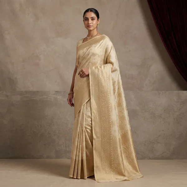 Cream_Silk_Jaal_Saree_With_Matching_Blouse_Piece