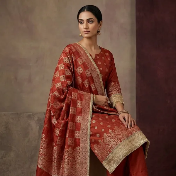 Rust_Dola_Silk_Gold_Zariwork_Unstitched_Dress_Material_With_Matching_Bottom_And_Dupatta
