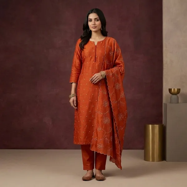 Orange_Soft_Raw_Silk_Gold_Zariwork_Unstitched_Dress_Material_With_Matching_Bottom_And_Dupatta