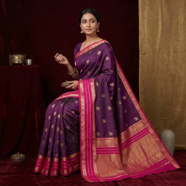 Wine_Silk_Buti_Saree_With_Matching_Blouse_Piece