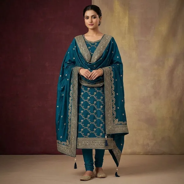 Peacock_Blue_Dola_Silk_Gold_Zariwork_Unstitched_Dress_Material_With_Matching_Bottom_And_Dupatta