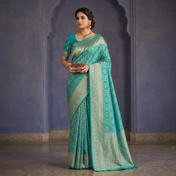 Peacock_Green_Silk_Jaal_Saree_With_Matching_Blouse_Piece