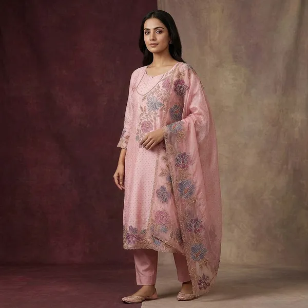 Onion_Pink_Tissue_Gold_Stonework_Unstitched_Dress_Material_With_Matching_Bottom_And_Dupatta