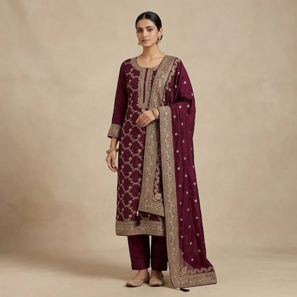 Wine_Dola_Silk_Gold_Zariwork_Unstitched_Dress_Material_With_Matching_Bottom_And_Dupatta