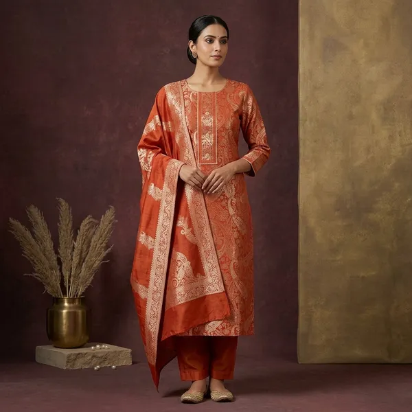 Rust_Dola_Silk_Gold_Zariwork_Unstitched_Dress_Material_With_Matching_Bottom_And_Dupatta