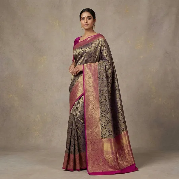 Navy_Blue_Silk_Jaal_Saree_With_Matching_Blouse_Piece