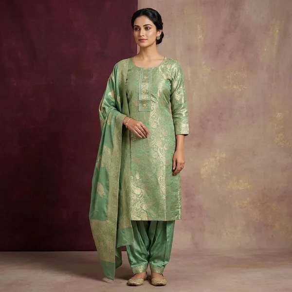 Pista_Green_Dola_Silk_Gold_Zariwork_Unstitched_Dress_Material_With_Matching_Bottom_And_Dupatta