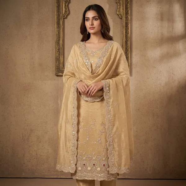 Beige_Tissue_Cutdana_Unstitched_Dress_Material_With_Matching_Bottom_And_Dupatta
