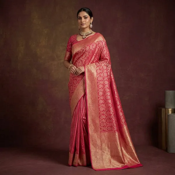 Rani_Pink_Pure_Silk_Jaal_Zariwork_Saree_With_Matching_Blouse_Piece