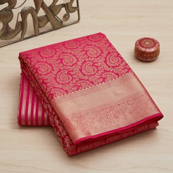 Rani_Pink_Pure_Silk_Jaal_Zariwork_Saree_With_Matching_Blouse_Piece