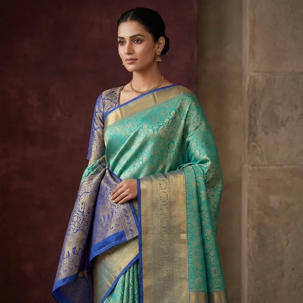 Turquoise_Blue_Silk_Jaal_Saree_With_Matching_Blouse_Piece