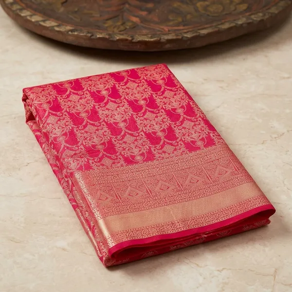 Rani_Pink_Pure_Silk_Jaal_Zariwork_Saree_With_Matching_Blouse_Piece