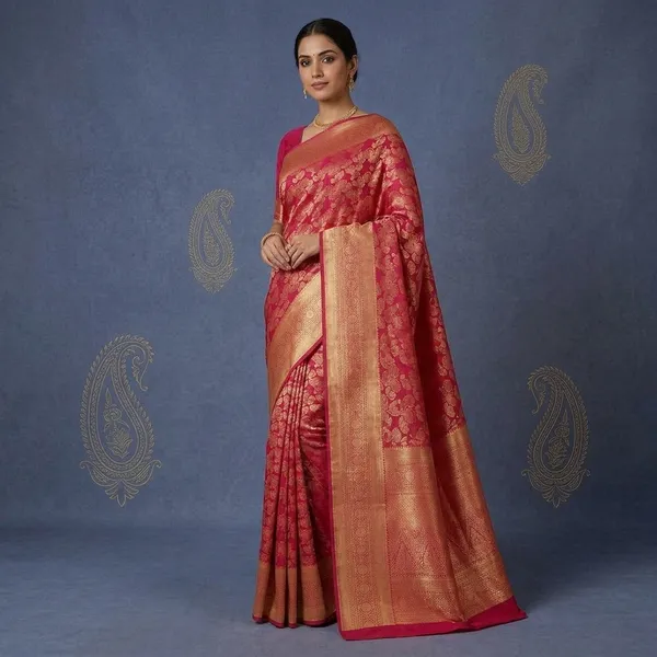 Rani_Pink_Silk_Jaal_Zariwork_Saree_With_Matching_Blouse_Piece