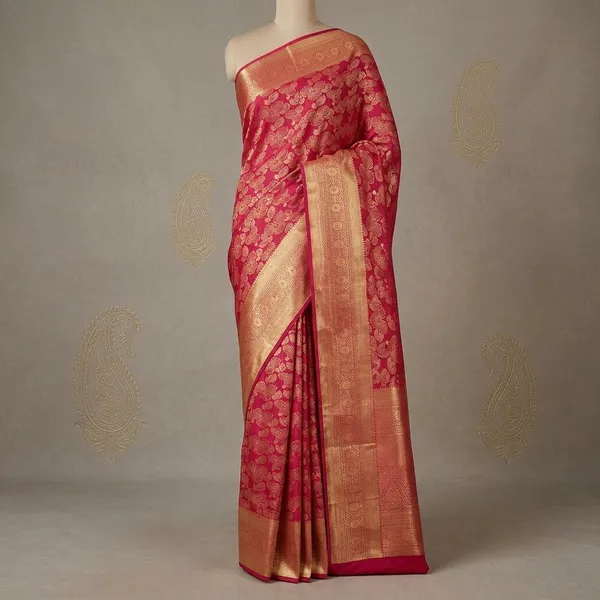 Rani_Pink_Silk_Jaal_Zariwork_Saree_With_Matching_Blouse_Piece
