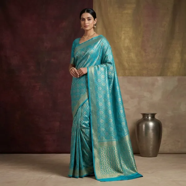 Turquoise_Blue_Silk_Jaal_Gold_Zariwork_Saree_With_Matching_Blouse_Piece