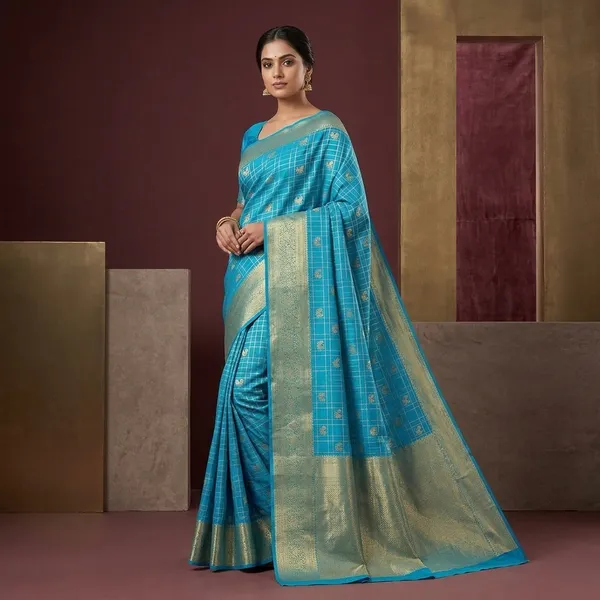 Turquoise_Blue_Silk_Checks_Saree_With_Matching_Blouse_Piece