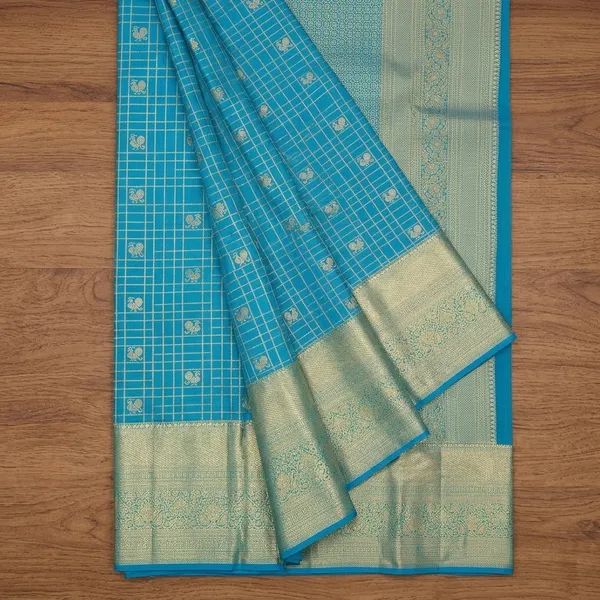 Turquoise_Blue_Silk_Checks_Saree_With_Matching_Blouse_Piece