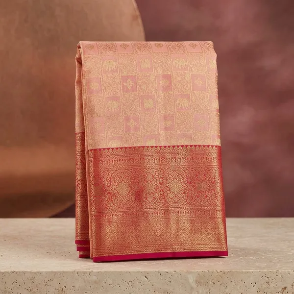 Peach_Silk_Checks_Saree_With_Matching_Blouse_Piece