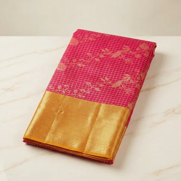 Rani_Pink_Silk_Checks_Saree_With_Matching_Blouse_Piece