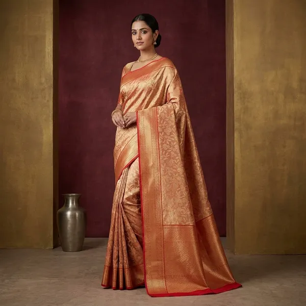 Peach_Silk_Jaal_Saree_With_Matching_Blouse_Piece