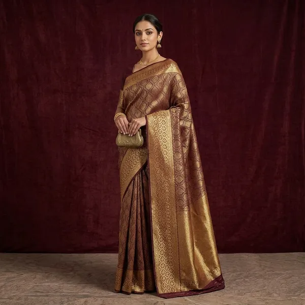 Dark_Maroon_Silk_Jaal_Gold_Zariwork_Saree_With_Matching_Blouse_Piece