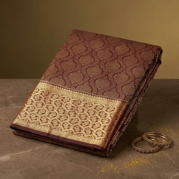 Dark_Maroon_Silk_Jaal_Gold_Zariwork_Saree_With_Matching_Blouse_Piece